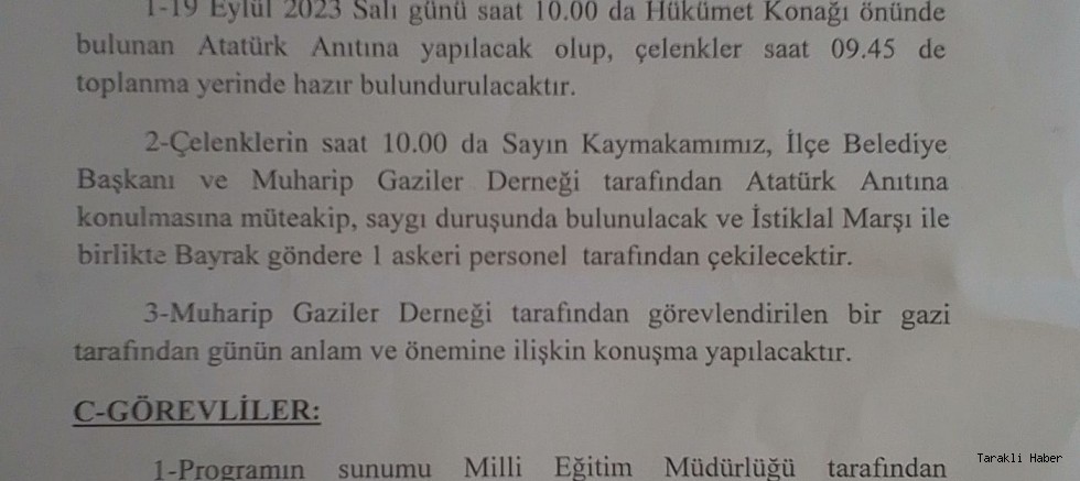 19 EYLÜL GAZİLER GÜNÜ PROGRAMI