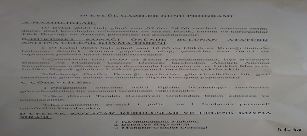 19 EYLÜL GAZİLER GÜNÜ PROGRAMI