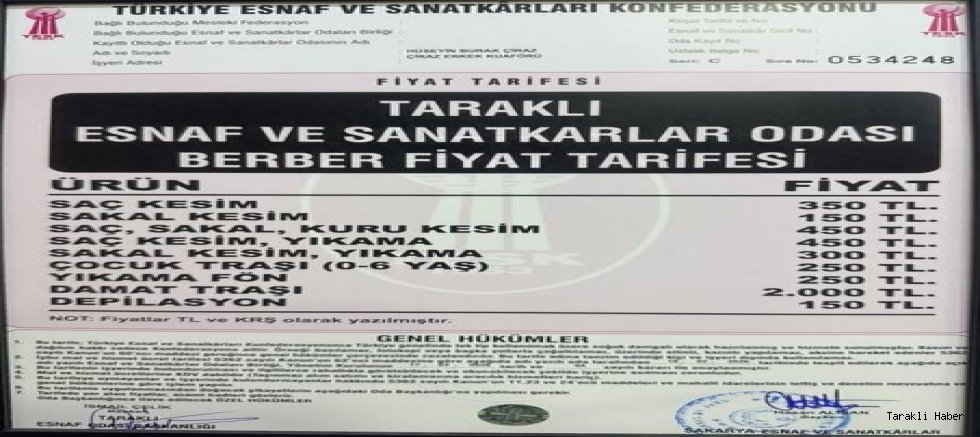 Taraklı'da Berberlerde Yeni Dönem: Fiyatlar Güncellendi