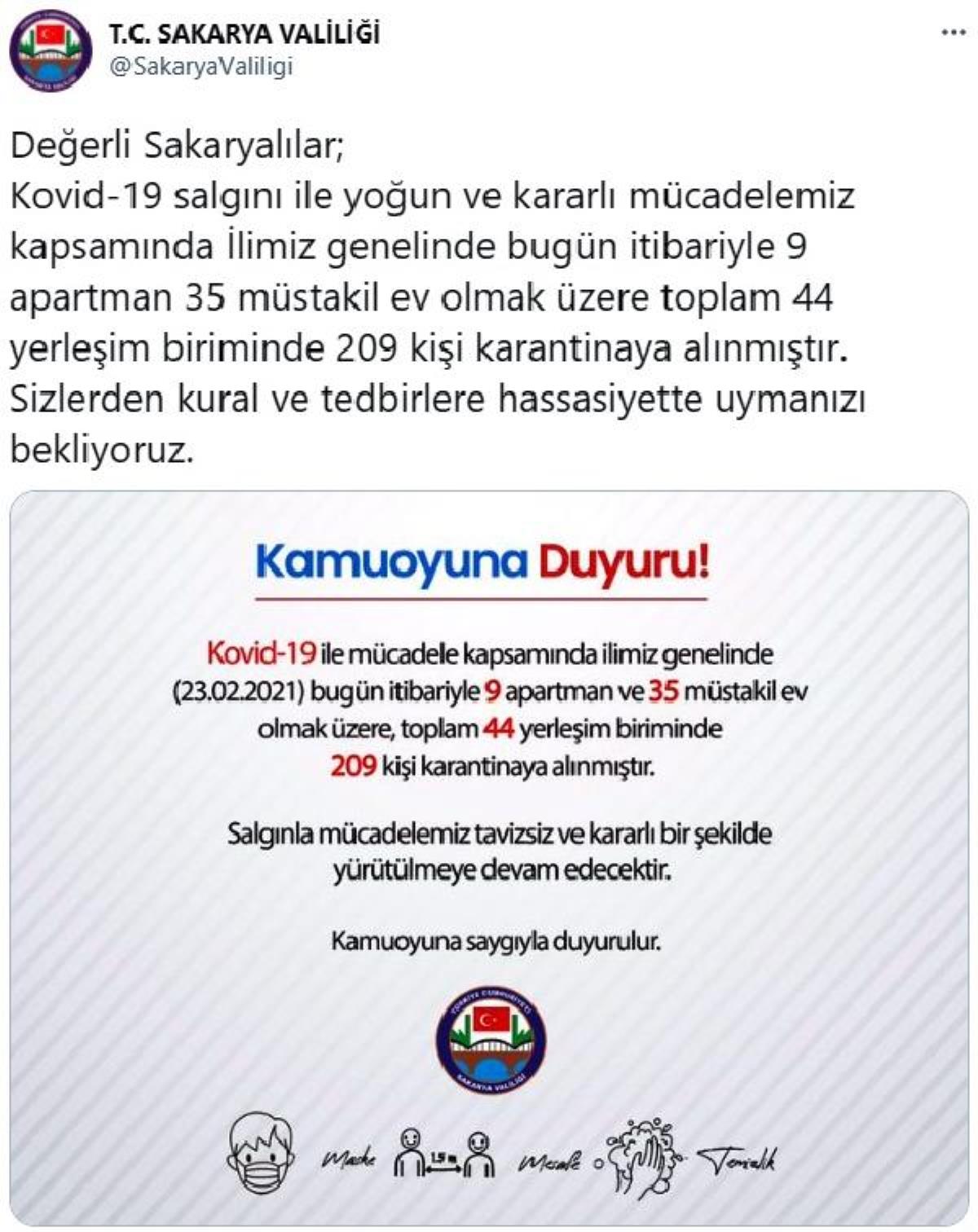 Sakarya'da 209 kişi karantinaya alındı