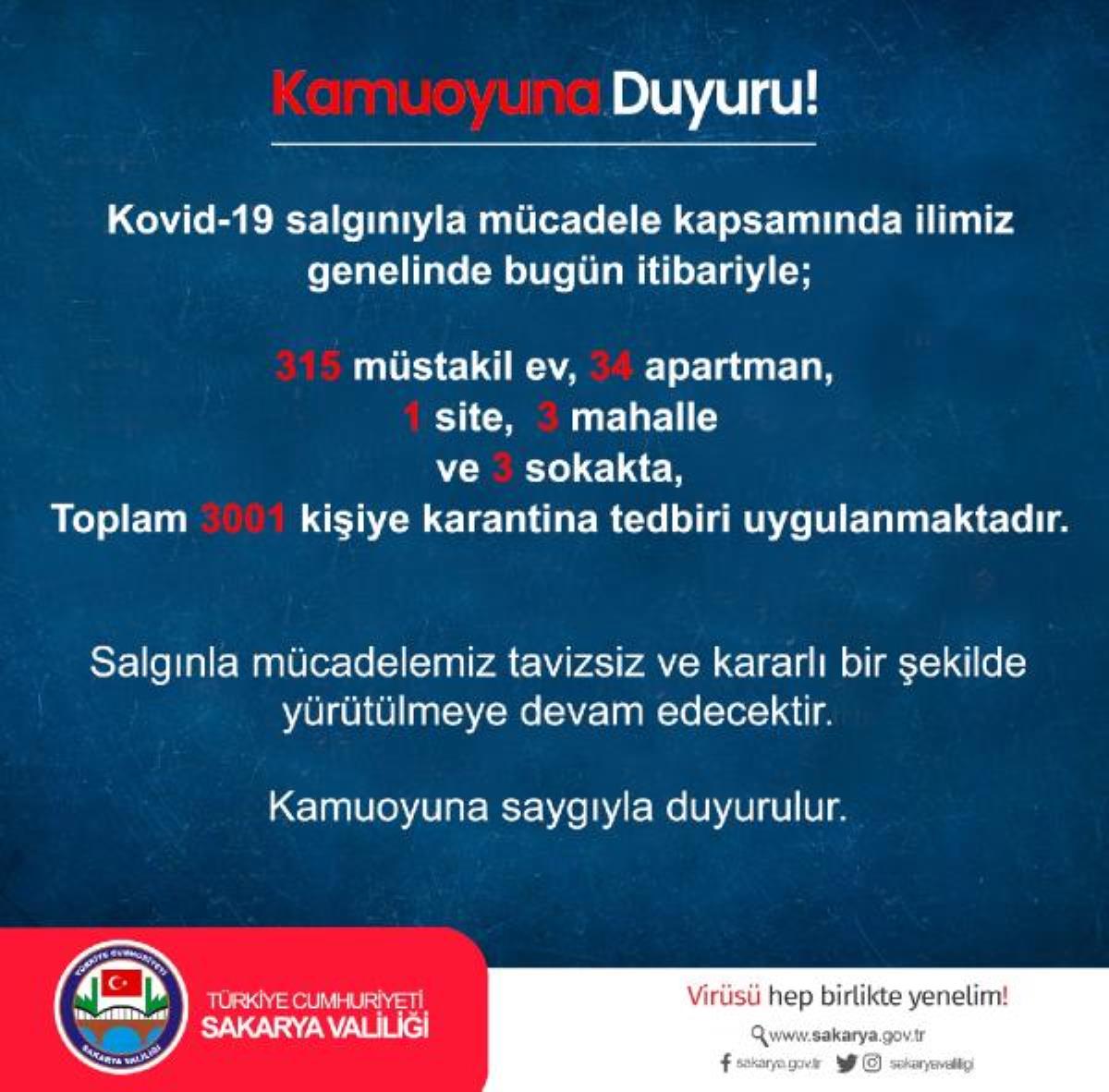 Son dakika gündem: Sakarya'da 3 bin 1 kişi karantinada